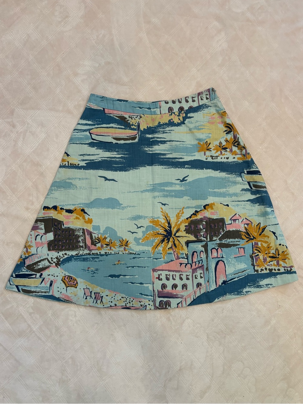 Boden Coastal Print A-Line Skirt in Light Blue, Yellow and Pink